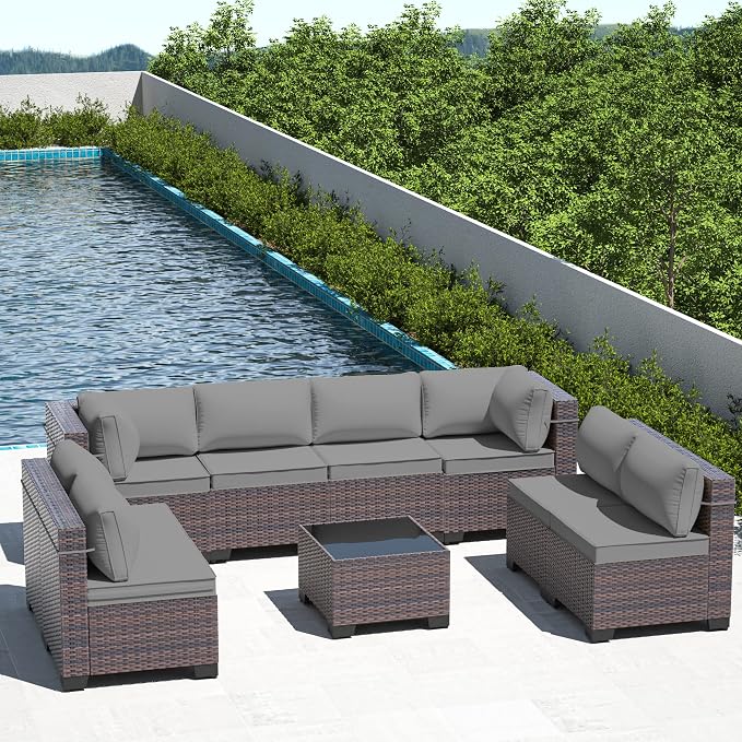9 Pieces Outdoor Patio Furniture Set,Outdoor Sectional Furniture All Weather PE Rattan Wicker Patio Conversation Set with Coffee Table and 8 Thickened Cushions,Grey