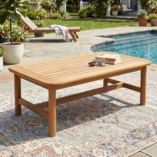 Merax 1 Piece Patio Furniture Set, All-Weather Acacia Wood Rectangular Coffee Table with Sturdy Legs, Outdoor Center Table for Porch, Lawn, Backyard, Balcony Teak