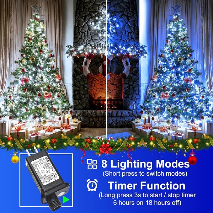 2 Pack Christmas Lights Outdoor, Total 200FT 600 LED Christmas Tree Lights | 1 Pack Blue & 1 Pack White, Plug in Waterproof 8 Modes String Lights for Outside Patio Garden Xmas Decorations