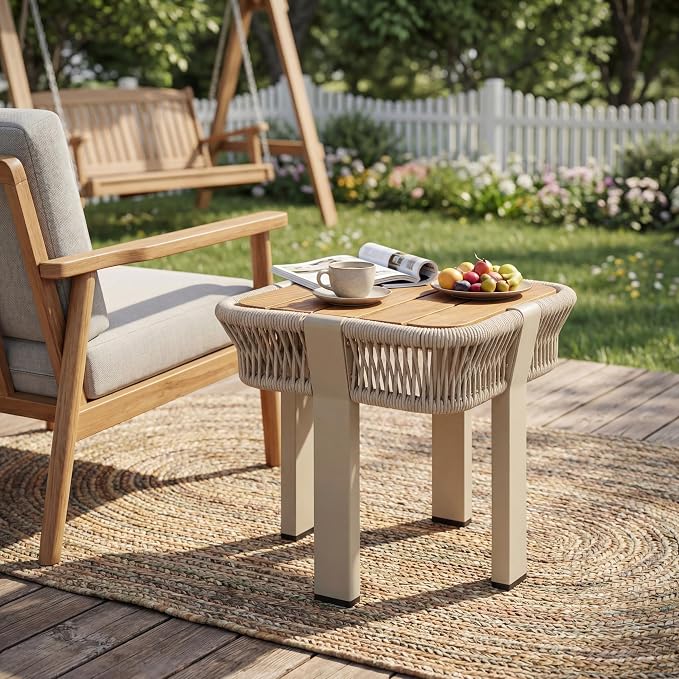 Acacia Wood Side Table, Square Outdoor End Table with Rope & Metal Frame, Small Outdoor Table for Patio, Garden, Poolside, Deck w/UV-Resistant Frame,120 lbs Capacity, Beige+Teak