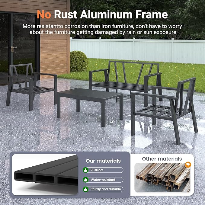 UDPATIO Aluminum Patio Furniture Set, 4 Pieces Sectional Metal Conversation Sofa Modern Seating Set with Coffee Table for Outdoor Garden Backyard, Dark Grey