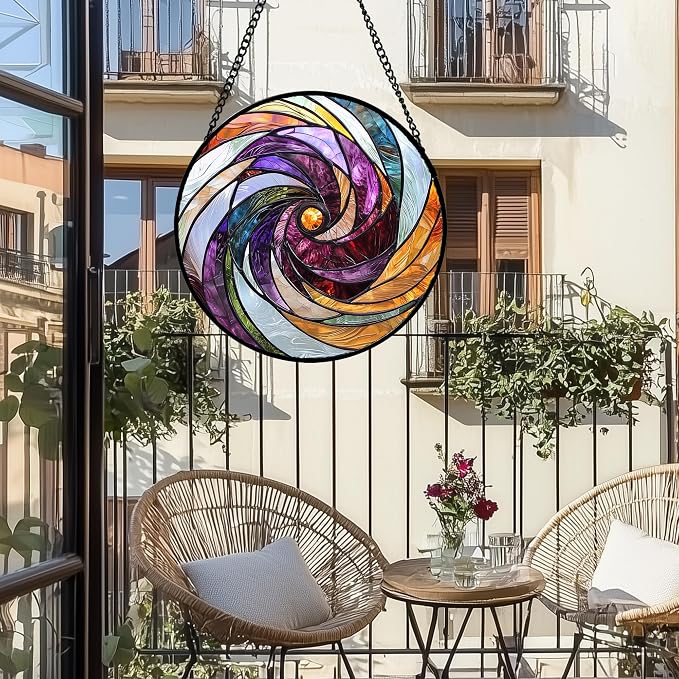 DASTOLL Stained Glass Window Hanging, Colorful Abstract Spiral Pattern Suncatcher for Doors Window Home Sun Catchers Decoration Mother's Day Birthday Gifts for Women, Men, and Mom 11.8 in
