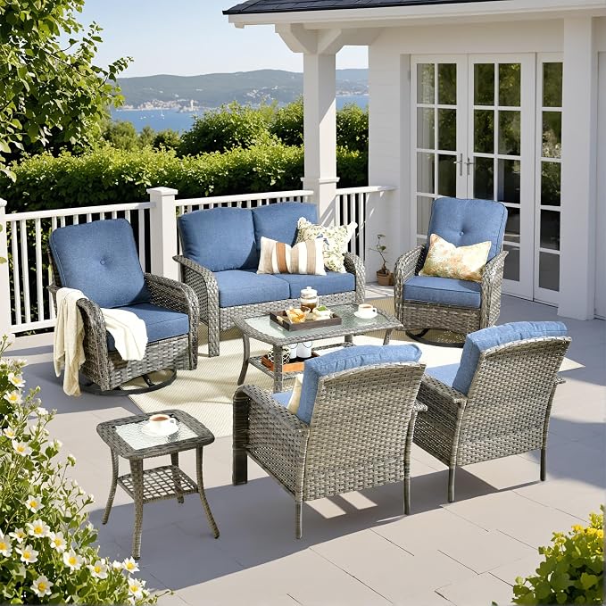 7 Piece Wicker Patio Furniture Set with Swivel Chairs, Denim Blue | High Back Swivel Rocker Chairs, Outdoor Loveseat Sofa, Coffee Table, Rattan Conversation Set, Porch Deck Backyard Poolside