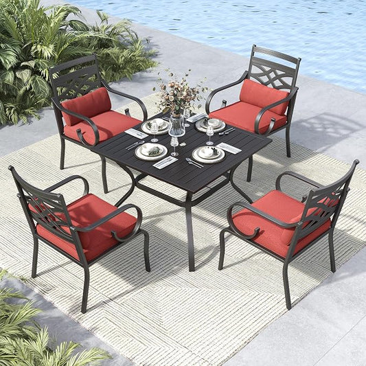 MFSTUDIO 5-Piece Patio Dining Set, 37" Square Metal Table, Fixed Chairs | Umbrella Hole, Red, Seats 4