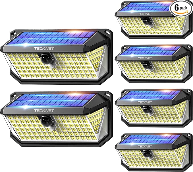 TECKNET 416 LED Solar Lights Outdoor Motion Sensor Waterproof 4200lm,6 Pack | IP66 Waterproof, 300° Wide Angle & 3 Modes Motion Sensor Solar Flood Wall Lights for Patio, Fence, Deck, Garage & Street