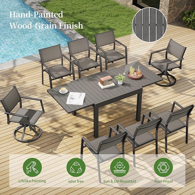 9 Piece Outdoor Dining Set, Expandable Outdoor Patio Dining Table and Swivel Chair Set, Aluminum Outdoor Table and 8 Chairs with Textilene Fabric & Armrest for Patio, Garden, Lawn(Black)