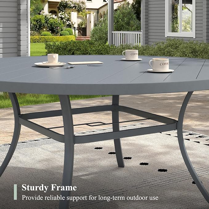 Outdoor Dining Table for 8, 63" Round Outdoor Table with Adjustable Umbrella Hole, All-Weather Metal Patio Dining Table for Lawn Garden Backyard Deck, Dark Grey