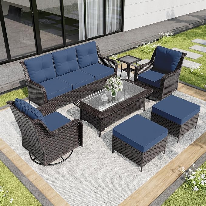 ALAULM 7 Pieces Patio Furniture Set,High Back Wicker Outdoor Sectional Furniture Set with Swivel Chairs & Coffee Table, Patio Conversation Set Thick Cushion for Backyard, Deck, Porch-Navy