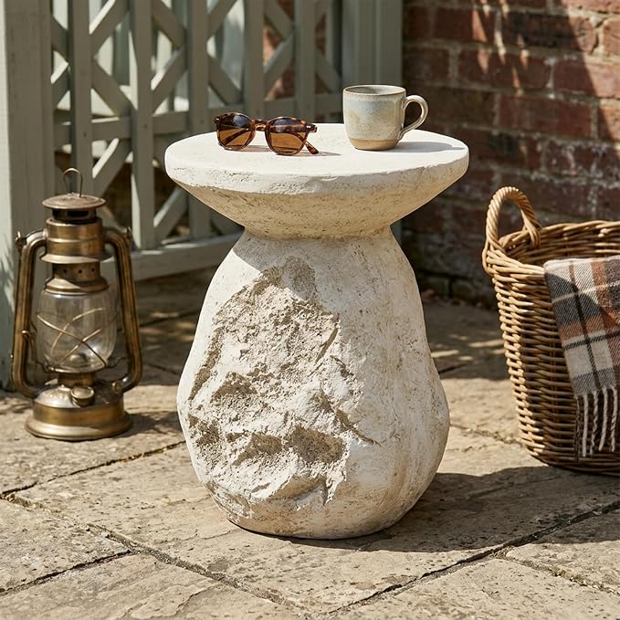LUMISOL Clare Outdoor Paitio MGO Side Table, Sculptural Organic Pear-Shaped End Table with Natural Beige Tone Finish