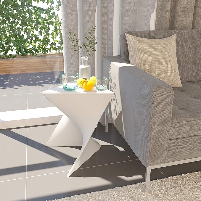LeisureMod 15.75" Triangular Side Table, Stackable Plastic Accent End Table for Indoor & Outdoor Use, Weather-Resistant Modern Patio & Living Room Table, White