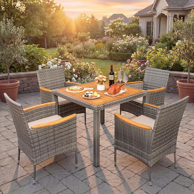 GUNJI 5 PCS Patio Table and Chairs Sets Small Outdoor Dining Set for 4 (Gray)