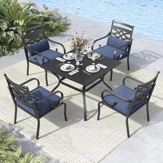 MFSTUDIO 5-Piece Patio Dining Set, 37" Square Metal Table, Fixed Chairs | Umbrella Hole, Blue, Seats 4