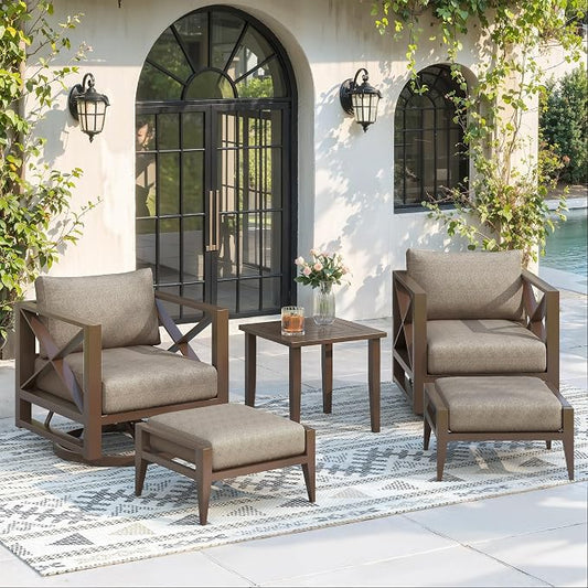 5-Pieces Square Aluminum Patio Furniture Set, Outdoor Swivel Rocking Chairs with 5.2" Thick Cushions & 2 Ottomans, All-Weather Rust-Resistant Frame Conversation Set for Porch, Garden, Backyard, Brown