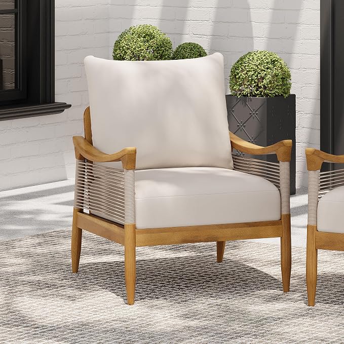 Merax Woven Rope Patio Club Chair, Acacia Wood Outdoor Armchair | Teak-Finish Acacia Frame, Woven Rope Seat, Thick Cushion, Deep Seating For Patio, Porch, Garden, Backyard Or Balcony