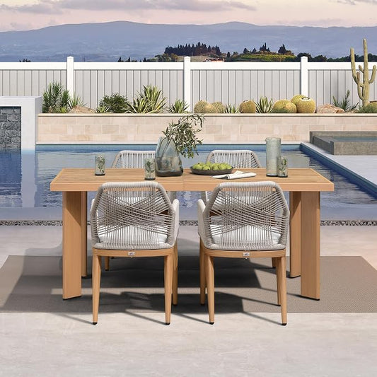 PURPLE LEAF 5 Pieces Patio Dining Set Aluminum Modern Rectangular Table and Rattan Arm Chairs with Cushions for Kitchen Porch Garden Outdoor Furniture Sets, Teak