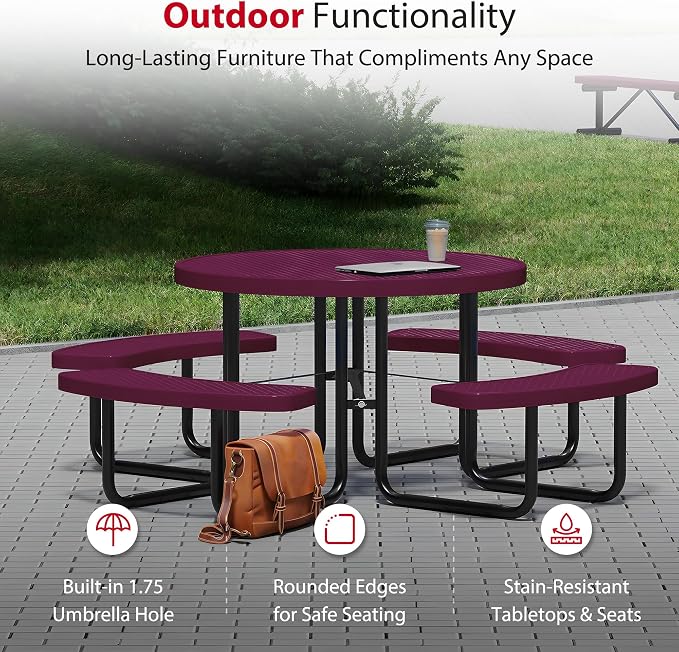Leisure Craft Metal Picnic Table with Bench - 46" Round Outdoor Dining Table for 8 with Umbrella Hole, Weatherproof Heavy Duty Thermoplastic Coating, Commercial Grade Furniture Made in USA - Burgundy