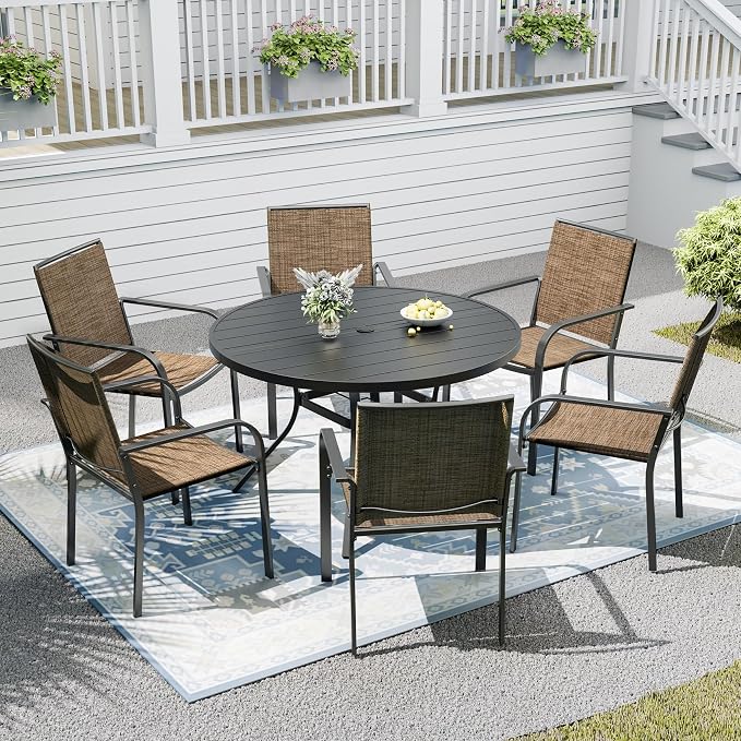 Outdoor Dining Table with 6-Piece Stackable Chairs,48" Round Patio Table with Adjustable Umbrella Hole,Stable Patio Dining Set for Home or Outside