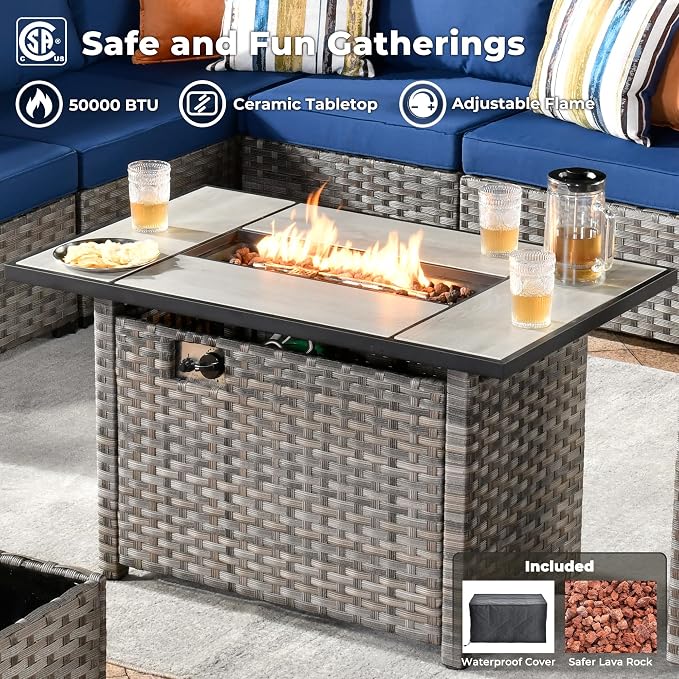ovios 13 Pieces Patio Furniture Set, Outdoor Wicker Sectional Sofa with 42 Inch Fire Pit Table Comfy Cushions, Modern Modular Deep Seat Rattan Couch Conversation Set, Navy Blue