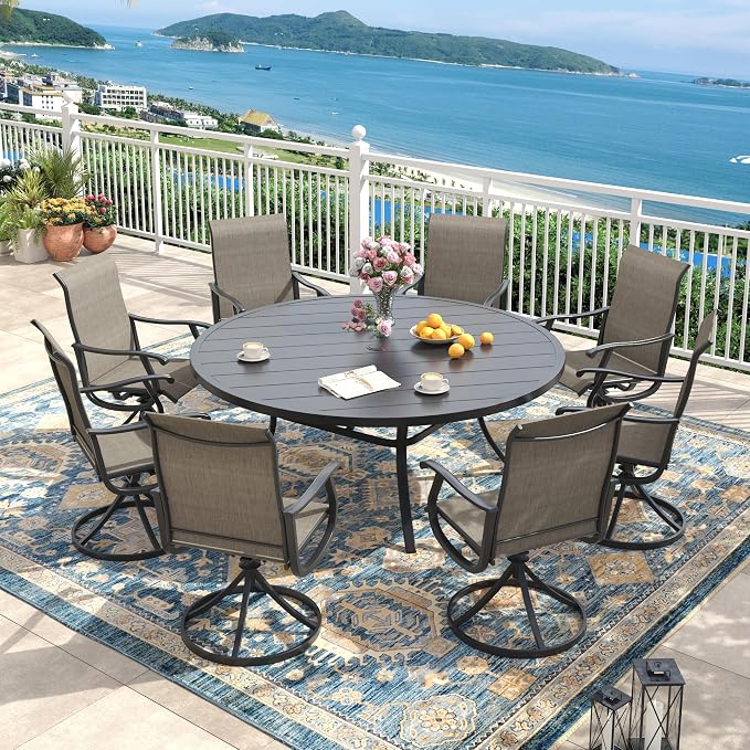 Outdoor Dining Set for 8, 60" Metal Round Outdoor Dining Table with Umbrella Hole and Sling Patio Swivel Chairs, 9 Pieces Patio Table and Chairs Set for Garden Backyard, Mixed Brown and Black