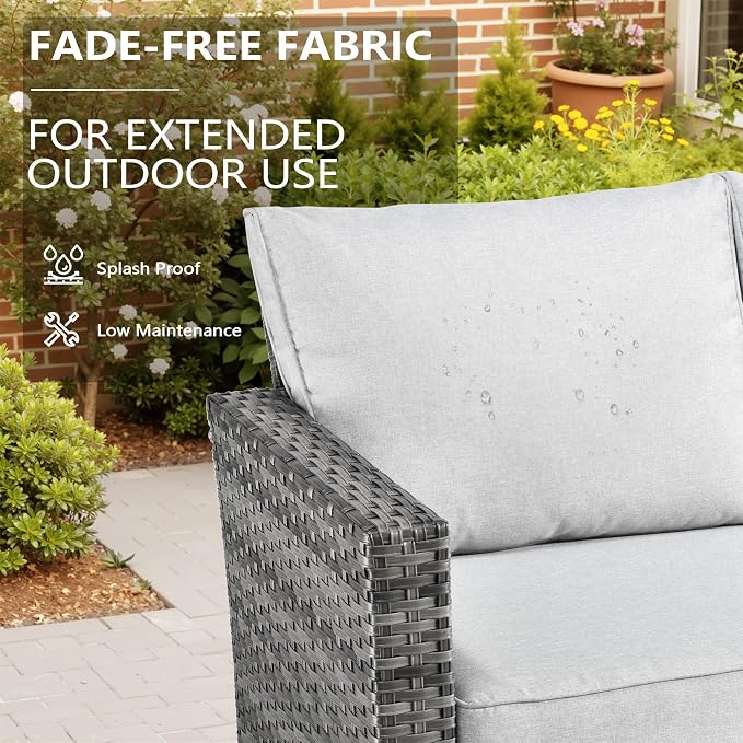CAODOC 8-Piece Outdoor Wicker Patio Set with 9 Seats, Including 53" Fire Pit - Sectional Sofa and Conversation Set for Backyard or Lawn, Gray Rattan with Waterproof Gray Cushions