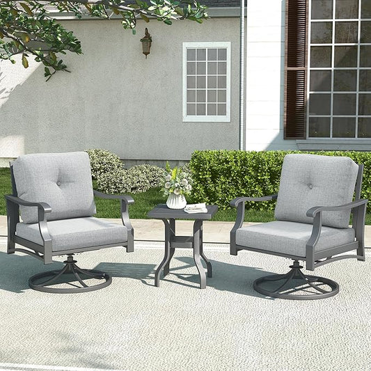 Outdoor Swivel Rocking Chairs, 3 Piece Metal Patio Rocker Chair w/Coffee Table, Aluminum Patio Bistro Furniture Set with 5" Thickened Cushions for Porch, Yard, Balcony, Gray