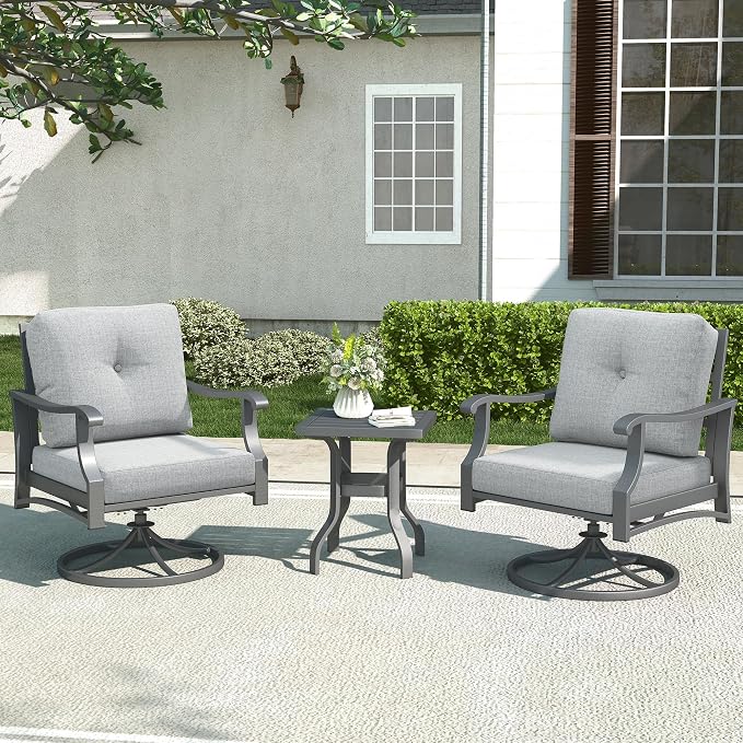Outdoor Swivel Rocking Chairs, 3 Piece Metal Patio Rocking Chair w/Coffee Table, Aluminum Patio Bistro Furniture Set with 5" Thickened Cushions for Porch, Backyard, Balcony, Gray
