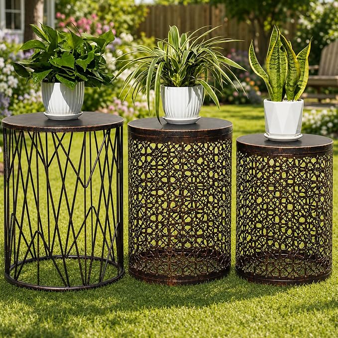 HFHOME Set of 3 Heavy-Duty Round End Table, Side Table, Coffee Table for Indoor Multifunctional Use, Outdoor Decorative Garden Stool Plant Stand-Bronze