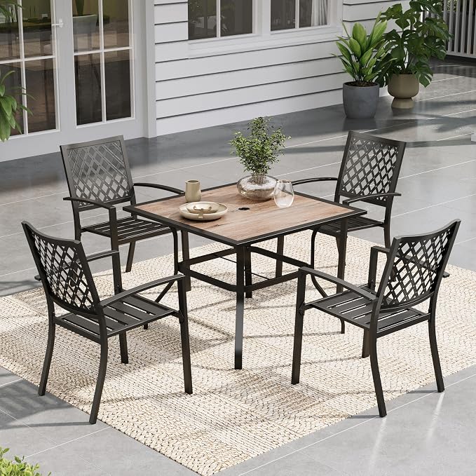 Sophia & William Patio Table and Chairs Set, Outdoor Dining Set for 4, 5 Piece Metal Patio Furniture, 37" Square Table with Wood-Like Tabletop(Geometry)