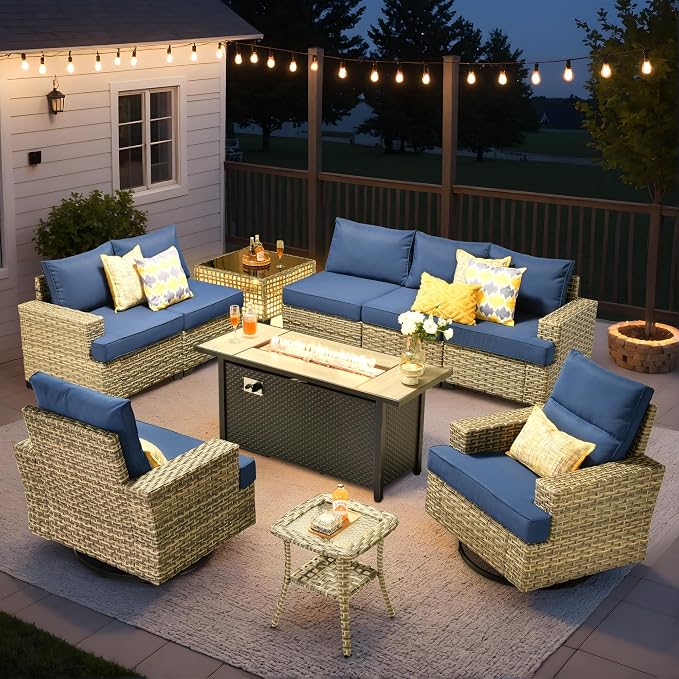 10 Pcs Outdoor Sectional Patio Furniture Set with Fire Pit Table and Swivel Rocking Chairs - All Weather Wicker Modular Outside Sectional Couch,Patio Seating Outdoor Conversation Sets,Navy Blue