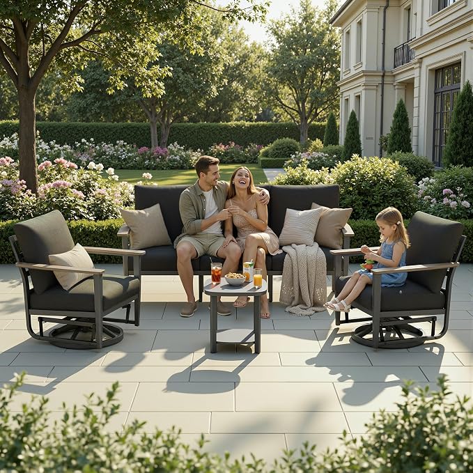 Aluminum Outdoor Patio Furniture Set 5-Seat, Patio Conversation Set Sectional Furniture Set with Swivel Rocking Chairs High Backrest & Thickened Cushions for Garden, Backyard, Poolside, Dark Grey