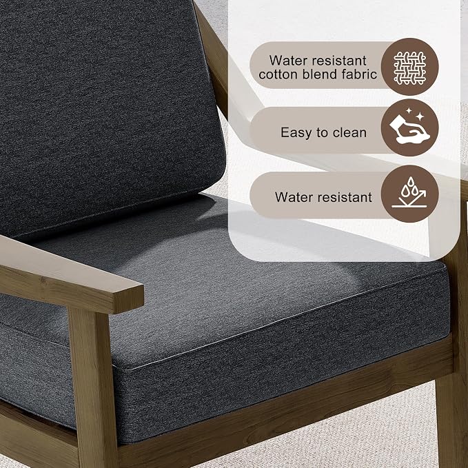 Outdoor Patio Furniture Set, 3 Piece Patio Conversation Sets with Washable Thick Cushions, All-Weather Solid Wood Patio Bistro Set for Porch, Balcony, Natural Frame & Dark Gray Cushion