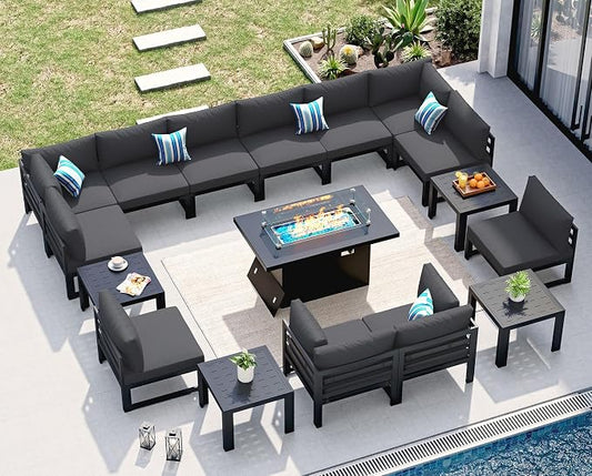 NICESOUL 17 Piece Luxury Aluminum Outdoor Sectional Sofa with Fire Pit Table & End Table, L Shaped Oversized Modular Patio Furniture Set, 500 lbs Heavy Duty Conversation Set for Backyard, Dark Gray