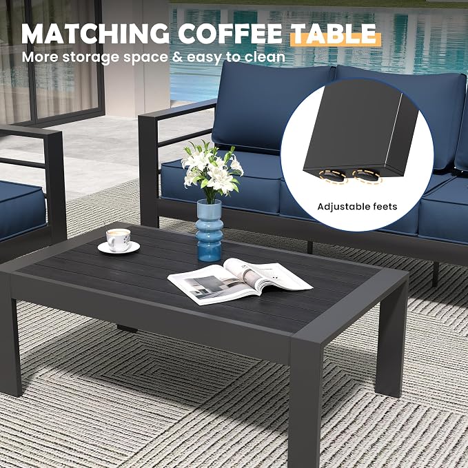 Amopatio Aluminum Patio Furniture, 6 Pieces Metal Outdoor Furniture Set, Outdoor Sectional Modern Sofa Sets with Coffee Table for Pool, Garden, Dark Grey&Blue (Included Waterproof Covers)