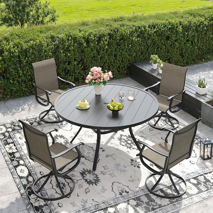 DIFY Outdoor Dining Set for 4, 5 Piece Patio Table and Chairs Set, Swivel Patio Dining Chairs with Brown Textilene & 47.2" Black Round Metal Dining Table with Umbrella Hole, for Garden Backyard Deck