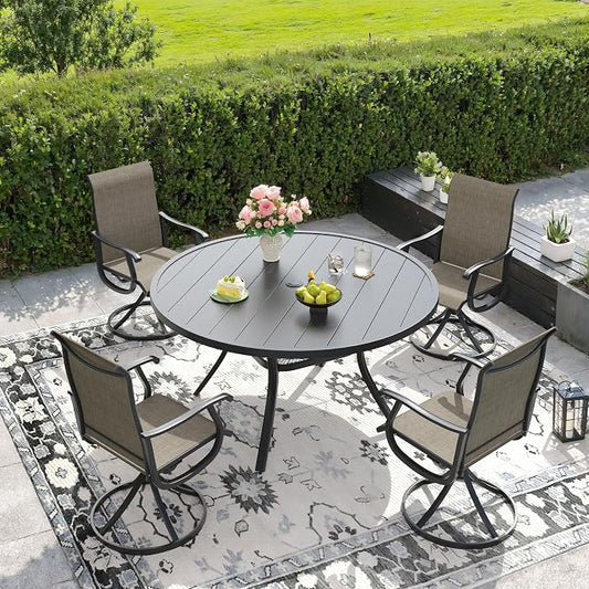 DIFY Outdoor Dining Set for 4, 5 Piece Patio Table and Chairs Set, Swivel Patio Dining Chairs with Brown Textilene & 47.2" Black Round Metal Dining Table with Umbrella Hole, for Garden Backyard Deck
