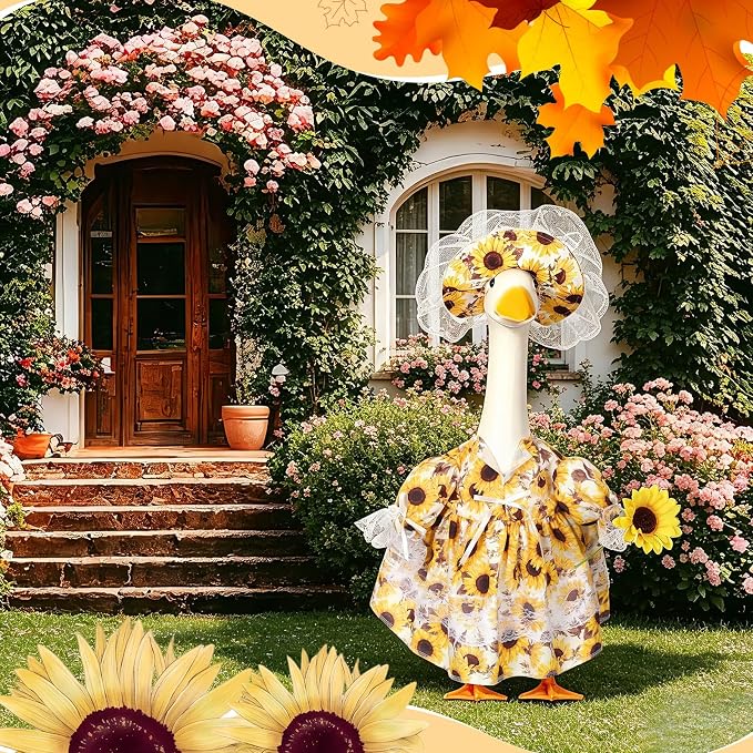 FuWeave Fall Porch Goose Outfit Maple Goose Costume Fancy Porch Geese Clothes with Wide Hat for 23" 17" Outdoor Patio