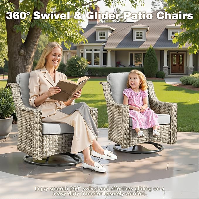 CAODOC 11 Pieces Outdoor Patio Furniture Set, Rattan Wicker Sectional Swivel Rocker Chairs Sets with Fire Pit, Swivel Glider Chairs, and Solar Powered Table