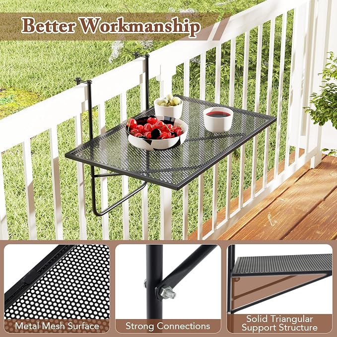 HAPPYGRILL Balcony Hanging Table for Railing, Outdoor Metal Folding Deck Bar Table with Adjustable Hooks, Black