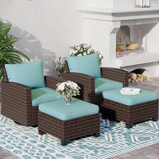 SUNSHINE VALLEY 4-Piece Patio Furniture Set with Swivel Chairs, Rattan Wicker Outdoor Furniture with 2 Swivel Glider Chairs and 2 Ottomans, Outdoor Lounge for Small Patio, All-Weather Design, Blue