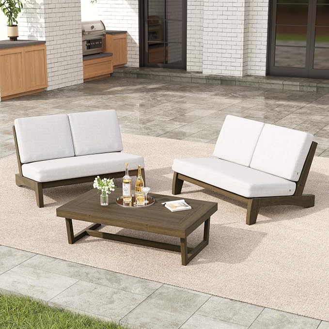 3 Pieces Patio Furniture Sets, All-Weather Outdoor Wood Bistro Set Patio Conversation Coffee Table Chiars and Patio Loveseat for Balcony, Backyard
