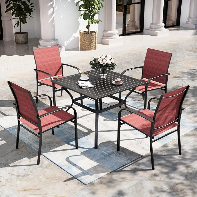 SUNSHINE VALLEY 5 Piece Patio Dining Set for 4, 37”Square Table with Umbrella Hole, 4 x Metal Red Chairs, Outdoor Table and Chairs for Lawn and Deck