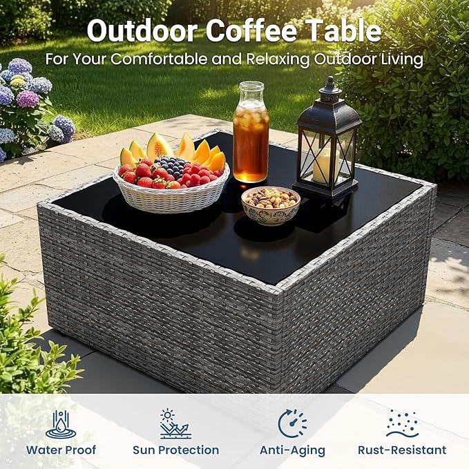 Wisteria Lane 7 Pieces Outdoor Patio Furniture Set, Wicker Outdoor Patio Sectional Sofas with Coffee Table, All-Weather Patio Conversation Set for Garden Backyard, Light Blue