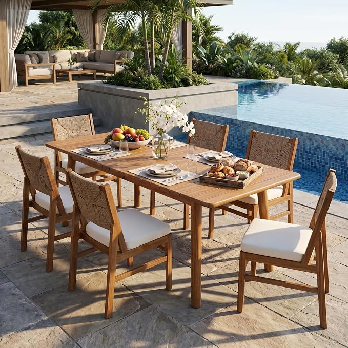 Christopher Knight Home Mave Acacia Wood Dining Table Set for 6, 7 Piece Patio Extendable Dining Table & Armless Chairs Set Of 6 with Cushion & Wicker Back, Patio Furniture Set, Cream+Light Brown+Teak