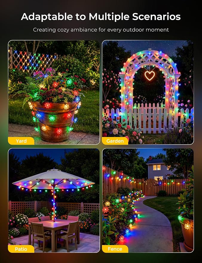 Brightown 50 LED Flower Solar String Lights Outdoor Waterproof, Multicolor | Solar Powered Fairy Lights with 8 Modes for Garden Fence Yard Patio Christmas Tree Party Wedding Decor