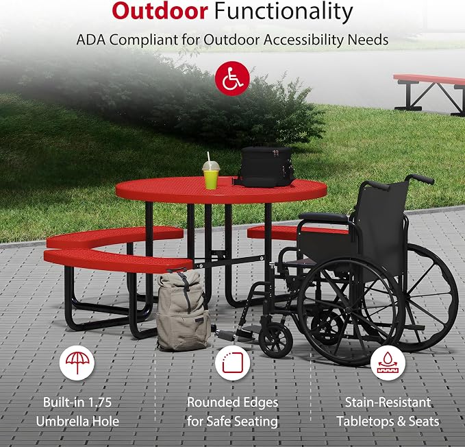 Leisure Craft Metal Picnic Table with Bench - 46" Round Outdoor Dining Table with Umbrella Hole, Heavy Duty Thermoplastic Coating, ADA Compliant, Commercial Grade Furniture Made in USA - Red