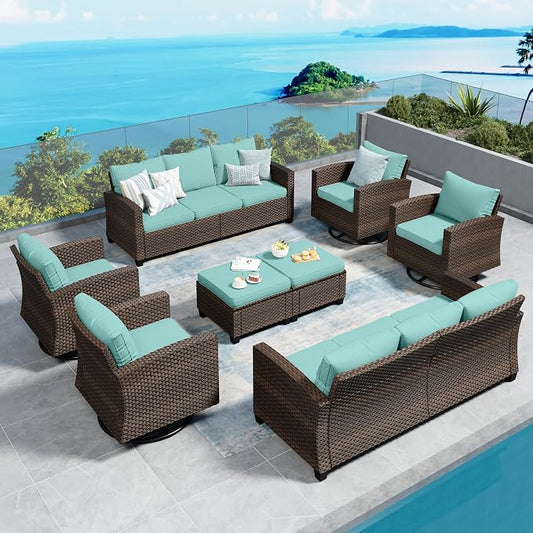 SUNSHINE VALLEY Swivel Glider Patio Furniture Set Outdoor Furniture Brown Wicker Rattan Patio Conversation Sets with Cushion Outside Sofa Set,8 Pieces,12 Seats,Blue