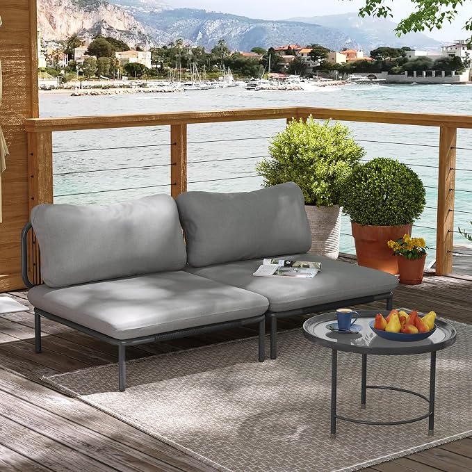 Patio Furniture Set, Outdoor Patio Furniture Oversized Metal Single Sofa, 2-seat Conversation Set with Cushion for Indoor and Outdoor, Black Frame and Dark Grey Mat (2 Seats 2 Armrests)