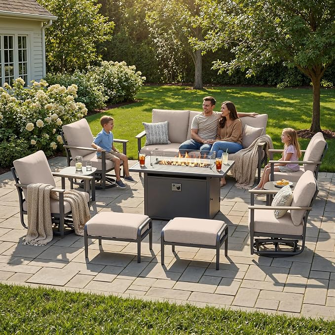 Aluminum Outdoor Patio Furniture Set with Swivel Rocking Chairs 9-Seat, Patio Sectional Sofa with Ottomans Patio Conversation Set with 55,000 BTU Fire Pit Table & High Backrest, Sand