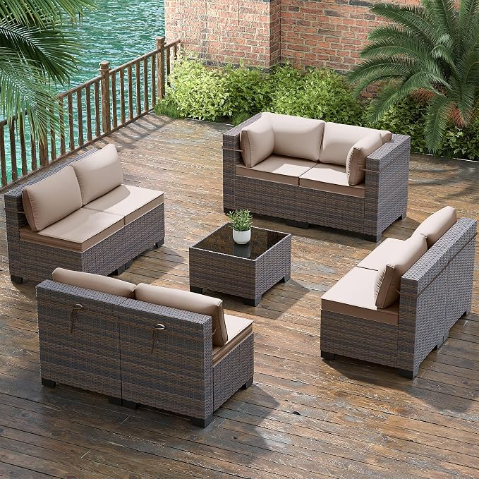 Gotland 9 Pieces Patio Furniture Set with 29.5'' High Backrest, All Weather PE Wicker Outdoor Furniture with 4’’ Thickened Cushions Coffee Table, Patio Set for Deck, Garden, Backyard, Khaki