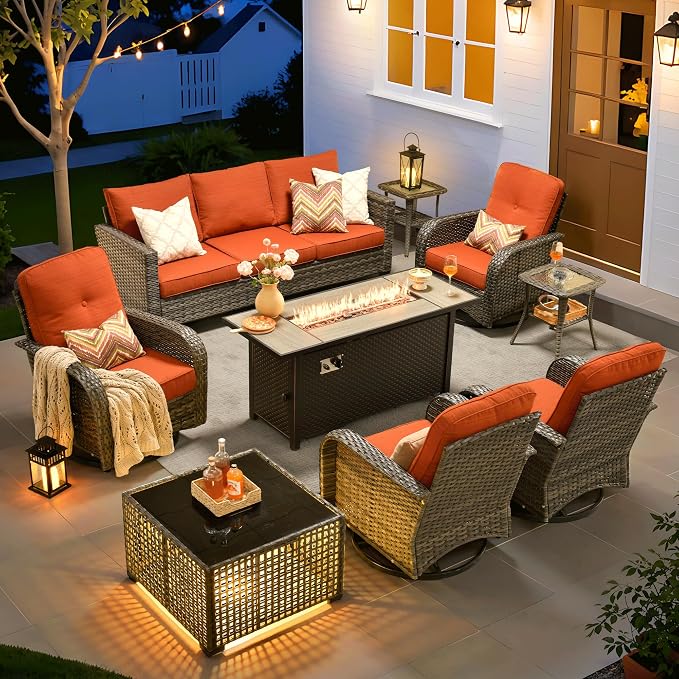 ovios 9 Pieces Patio Furniture Set, Outdoor Wicker Sofa Couch with Swivel Glider Chairs Fire Pit Table, Modern Deep Seat Rattan Conversation Sets for Deck Porch, Orange Red
